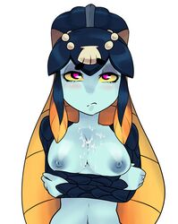 annoyed arms_crossed blue_skin boggle breast_hold breasts crossed_arms cum cum_on_body cum_on_breasts cum_on_upper_body dark_nipples female frown heart heart-shaped_pupils highres jitome large_breasts minette_(skullgirls) monster_girl navel nipples nude pink_eyes simple_background skullgirls standing sweatdrop symbol-shaped_pupils topless white_background yellow_sclera