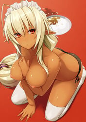 1girls ahoge arm_between_breasts arm_support between_breasts black_panties blonde_hair blush breast breasts dark-skinned_female dark_elf dark_skin elf erect_nipples female female_only kneeling large_breasts lingerie long_hair looking_at_viewer looking_up maid_headdress nipples panties pointy_chin pointy_ears prime sandaime_muramasa sansei_muramasa short_hair side-tie_panties silver_hair solo soukou_akki_muramasa stockings thighhighs topless underwear very_long_hair white_legwear