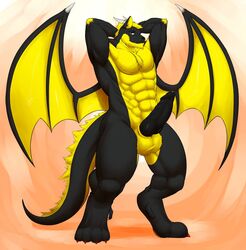 4_toes abs arms_behind_head balls biceps big big_penis black_fur black_penis canine claws dragon dranzer erection fur hair hybrid looking_at_viewer male male_only muscles nude penis plain_background red_eyes solo white_horns wings wolf ws_(artist) yellow_fur