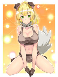 1girls alternate_breast_size bare_shoulders big_breasts blonde_hair blush breasts cleavage cosplay dog_ears fake_ears female female_only gloves green_eyes human kneeling large_breasts light-skinned_female light_skin lillie_(pokemon) looking_at_viewer nintendo pokemon pokemon_(cosplay) pokemon_sm ponytail rockruff rockruff_(cosplay) shirt socks solo straight_hair tail takecha tank_top white_border yellow_background