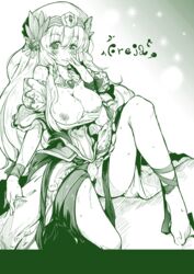 barefoot breasts cum dress dress_lift facial freyja_(p&d) hat heart highres jewelry monochrome necklace nipples nishimura_nike no_panties pubic_hair puzzle_&_dragons ribbon wristband