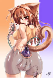 anal anal_insertion animal_ears anus ass ass_grab blush brown_eyes brown_hair cat_ears cat_tail clitoris clothing dildo fat_mons female from_behind insertion large_ears large_insertion looking_back machineko pussy see-through shirt short_hair shorts sideboob solo tail uncensored vibrator