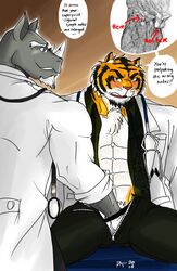 2013 abs anatomy anthro biceps doctor examination feline fur furry gay hazardbarzard hentist horn interspecies kyuuhari male male_only masashi medical muscles no_humans open_fly pecs rhinoceros sex tiger