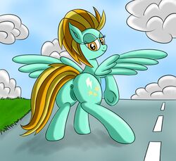 anus clouds color cutie_mark day equine female friendship_is_magic fur horse lightning_dust_(mlp) looking_back my_little_pony outdoors pegasus pony pussy solo two_tone_hair wings yellow_eyes ziemniax