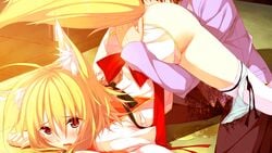 1boy female blush cunnilingus fox_tail hito_to_anata_to_ayakashi kuwashima_rein open_mouth oral peeing tail wet