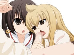 1boy 2girls blonde_hair brown_eyes brown_hair censored chestnut_mouth clothing collaborative_fellatio fellatio handjob high_resolution hypnosis licking long_hair minami-ke minami_chiaki minami_kana mind_control multiple_girls oral pendulum penis ringed_eyes school_uniform siblings sisters sweatdrop takeda_yukimura teamwork threesome tongue tongue_out