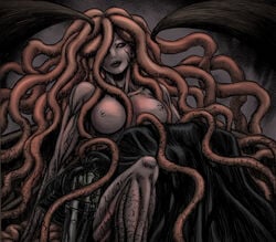 1boy 1girls berserk big_breasts breasts demon demon_girl female green_hair guts_(berserk) humanoid large_breasts long_hair male mature monster_girl nipples prosthetic_arm slan tentacle_hair villainess white_skin wings