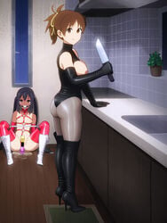 2d 2girls azusa_nakano_(k-on!) ball_gag bondage bondage_mittens boots breastless_clothes breasts brown_eyes brown_hair buttplug censored dildo double_penetration enkaboots female female_only femdom femsub gag gagged harness high_heel_boots high_heels human human_only k-on! kitchen knife leather leotard long_hair looking_at_viewer multiple_females multiple_girls nipples pantyhose penetration ponytail purple_hair pussy pussy_juice spread_legs spreader_bar tanline thigh_boots thighhighs tied_hair ui_hirasawa_(k-on!) white_ball_gag yuri