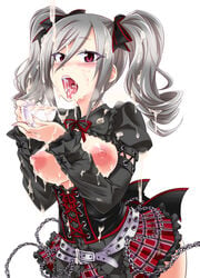 belt blush breasts breasts_out chains corset cum cum_in_cup cum_in_mouth cum_on_body cum_on_breasts cum_on_clothes cum_on_upper_body cup facial female grey_hair highres idolmaster idolmaster_cinderella_girls kanzaki_ranko kobayashi_tetsuya large_breasts nipples pigtails purple_eyes ribbon solo teacup tied_hair twintails white_background