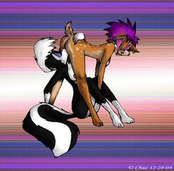 2004 2girls anthro ass bent_over breasts cervine cunnilingus deer female furfreakchaz furry furry_only hair looking_back multiple_girls nude oral piercing purple_hair skunk white_hair yuri