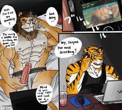 2013 abs anthro balls biceps cum erection feline fur furry game gay hair hentist lion male muscles no_humans nude pecs penis phone_call sex shishimaru_genjurou tiger toragami_gaou