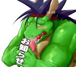 biceps blush dragon fangs green_skin hair male male_only morenatsu muscles oral pecs penis plain_background pose reptile scalie solo tatsuki tongue topless unknown_artist white_background