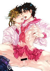 2boys anal battle_tendency black_hair blonde_hair caesar_zeppeli censored crossdressing cum cum_while_penetrated feathers gay headband jojo's_bizarre_adventure joseph_joestar kazumi_tachibana male multiple_boys nipple_tweak penis sailor_uniform saliva saliva_trail school_uniform seifuku serafuku yaoi