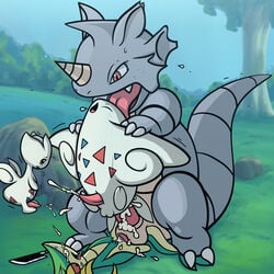 anal anal_sex brown_eyes closed_eyes cum cum_on_face cum_on_penis cum_on_tongue ejaculation furry gay knife licking male nintendo no_humans open_mouth penis pokemon pokemon_(species) pokemon_focus red_eyes rhydon snivy togekiss togetic tongue tongue_out tricksta video_games