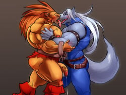 ass biceps blush brown_fur cum flaccid french_kiss furry gay grey_fur hair humanoid_penis hyper kissing kitticlub long_hair male muscles nipples no_humans pecs penis tongue white_hair wolfrun wristband