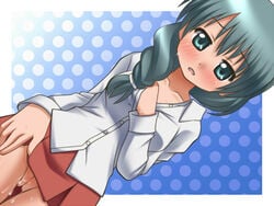 1girls awa blue_background blush braid female_only gradient_background green_eyes green_hair hand_in_shirt hidamari_sketch long_hair natsume_(hidamari_sketch) no_panties polka_dot_background pussy pussy_juice school_uniform white_background