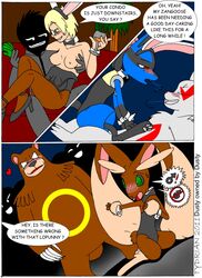 2girls 4boys blush breasts bunny_outfit comic crossdressing dusty dusty's_poke'adventure female human lopunny lucario male nintendo nipples party pokemon pokemon_(species) prostitution scared sex straight tydrian ursaring video_games zangoose