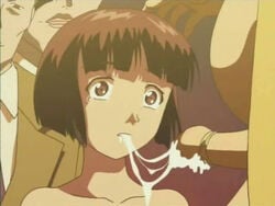 1girls bob_cut brown_eyes brown_hair bust cum cum_drip cum_in_mouth cum_string erection fat_man fellatio female forced male mikagura_detective_agency multiple_boys multiple_males oral penis screencap short_hair tears teen teenage_girl teenager uncensored young