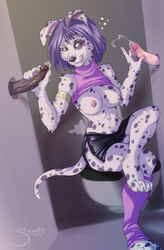 1girls 2boys anthro breasts canine cum cum_on_hand dalmatian double_handjob female fur furry glory_hole group handjob leg_warmers legwear licking_lips nipples penis purple_hair shirt_up skimpy skirt spookable tail threesome tongue tongue_out