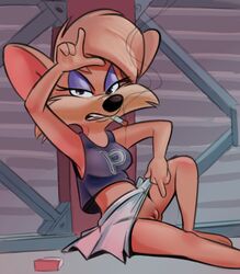 2018 4_fingers anthro breasts brown_eyes brown_fur brown_hair cigarette clitoris clothing digital_media_(artwork) female flashing fur glare hair looking_at_viewer mammal midriff presenting presenting_pussy pussy rat rhubella_rat rodent saran-rape short_hair sitting skirt smoking solo tiny_toon_adventures upskirt warner_brothers