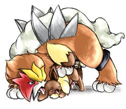 anal balls brown_fur eevee entei fur furry_ears furry_tail gay male nintendo penis plain_background pokemon precum size_difference tail tranquilmyst video_games white_background yellow_eyes