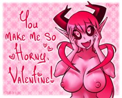 black_sclera breasts cute_fang drool hair heart_eyes horns humor large_breasts nyxon pink_hair pink_skin pointy_ears vera_(nyxon)