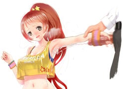 armpits blush bracelet breasts breath brown_eyes cum cum_on_body ejaculation hair_ornament handjob idolmaster idolmaster_cinderella_girls long_hair nagasawa_shin navel nipple_bulge open_mouth orange_hair penis ponytail producer_(idolmaster) red_hair smile sweat sweatband_on_penis sweatdrop tank_top tied_hair wakabayashi_tomoka wristband