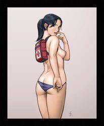 ass backpack bag black_hair blue_eyes breasts female finger_to_mouth first_aid_kit human left_4_dead looking_back naughty_face nude panties panty_pull pixelking ponytail sideboob smile solo standing tied_hair zoey_(left_4_dead)