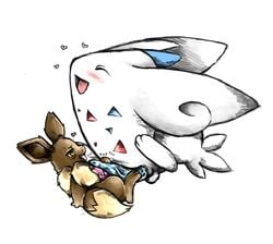 blue_markings blush brown_fur closed_eyes eevee erection frottage fur furry_ears furry_tail gay male nintendo onomatopoeia penis plain_background pokemon pokemon_(species) red_markings tail togekiss tranquilmyst video_games white_background white_body yellow_eyes