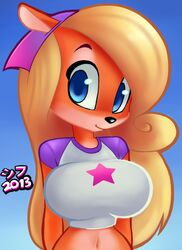 anthro bandicoot blonde_hair breasts clothes coco_bandicoot coco_bandicoot_(crash_of_the_titans) color covered_breasts crash_(series) crash_of_the_titans female female_only front_view fur furry huge_breasts large_breasts looking_at_viewer mammal marsupial smile smiling solo tight_clothes