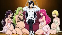 ai_generated angry bambietta_basterbine bleach bleach:_the_thousand-year_blood_war blk9201 blush candice_catnipp embarrassed femboy giselle_gewelle hand_on_belly harem liltotto_lamperd lingerie meninas_mcallon multiple_girls otoko_no_ko pout pregnant pregnant_belly pregnant_female trap