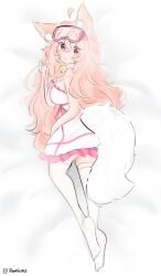 anticipation blush breast_press butt_focus fluffy_tail fox_ears fox_girl goggles_on_head in_bed long_socks looking_at_viewer pink_hair remiune waiting white_dress