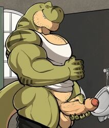 anthro balls bara barazoku boner darknaigart dinosaur erection gif jace_(darknaig) male male_only masturbation muscles muscular pants_down penis scalie solo solo_male tyrannosaurid tyrannosaurus tyrannosaurus_rex