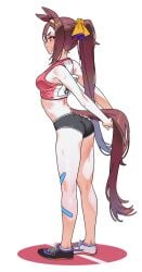 bike_shorts brown_hair buruma crop_top female female_only full_body fully_clothed gym_clothes gym_shorts horse_ears horse_girl horse_tail kemonomimi long_hair pink_eyes ponytail sakura_bakushin_o_(umamusume) sarcophage shorts smile sneakers solo sports_bra sportswear standing sweat umamusume umamusume_pretty_derby very_long_hair
