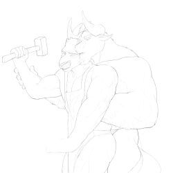 2022 5_fingers ambiguous_gender ambiguous_penetrated anthro anthro_on_anthro biceps blacksmith bovid bovine cattle duo eyebrows fingers hammer hi_res holding_hammer holding_object holding_tool horn hug hugging_another hugging_from_behind humanoid_hands islate_(artist) kangaroo line_art macropod male male/male mammal marsupial mostly_nude muscular muscular_anthro muscular_male nude one_eye_closed penetration standing thick_eyebrows tools