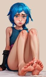 ai_generated arcane arcane_jinx big_eyes blue_clothing blue_eyes blue_hair blush braid braided_hair cute cute_female feet feet_fetish feet_focus feet_together feet_worship jinx_(league_of_legends) league_of_legends legs legs_closed legs_covering_chest legs_together little_girl oiled oiled_feet oiled_skin petite_body powder_(arcane) riot_games shy sweaty_feet sweaty_toes teenager toes young