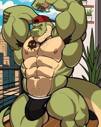 anthro armpit armpit_hair armpits arms_up balls bara barazoku bulge darknaigart dinosaur flaccid jace_(darknaig) male male_only muscles muscular penis scalie solo solo_male tyrannosaurid tyrannosaurus tyrannosaurus_rex underwear underwear_only