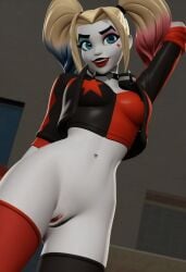 1girls ai_generated front_view harleen_quinzel harley_quinn looking_at_viewer multiversus one_hand_behind_head presenting_pussy pussy solo solo_focus standing