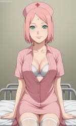 aged_up ai_generated ass bigmic145 boruto:_naruto_next_generations bra breasts cleavage female female_only medium_breasts naruto naruto_(series) nurse nurse_cap nurse_uniform pink_hair sakura_haruno short_hair stripping thighhighs