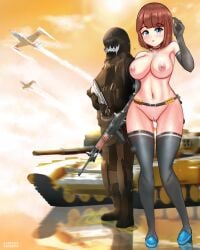 1boy airplane assault_rifle blas7hatvga blue_eyes bouncing_breasts breasts brown_hair exhibitionism firearm full_body jet naked naked_footwear nude nude_female original outdoor_nudity outdoors public public_nudity ryuko_mitsuka_(blas7hatvga) thighhighs weapon