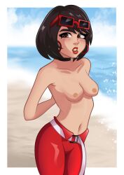 1girls armasdraws arms_behind_back beach black_hair blush breasts breasts_out earrings evie_(fortnite) fortnite fortnite:_battle_royale no_shirt nude nudify_draws nudifydraws poorly_edited sunglasses sunglasses_on_head swimsuit