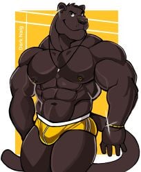 anthro balls bara barazoku bulge collar darknaigart flaccid furry gay gold_jewelry jewelry male male_only muscles muscular nipple_piercing panther penis piercing smile solo solo_male underwear underwear_only yellow_underwear