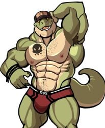 anthro armpit armpit_hair balls bara barazoku bulge darknaigart dinosaur flaccid hand_behind_head jace_(darknaig) male male_only muscles muscular penis scalie solo solo_male tyrannosaurid tyrannosaurus tyrannosaurus_rex underwear underwear_only