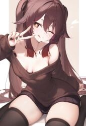 1girls ai_generated black_nails breasts brown_hair genshin_impact hu_tao_(genshin_impact) peace_sign red_eyes small_breasts solo sweater thick_thighs thighhighs thighs twintails