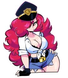 1female 1females 1girls big_breasts bra_visible_through_clothes breasts cartoony cleavage cop eyeliner female female_only girl girl_only gloves jek_korpen large_breasts leather_gloves light_skin long_hair looking_at_viewer oc pinup police_hat police_uniform policewoman red_eyes red_hair ripped_shorts short_shorts tagme_(character) thick_eyebrows thick_thighs thighs tied_shirt uniform white_background white_shirt wide_hips