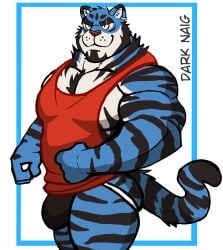 anthro balls bara barazoku bulge darknaigart flaccid furry jockstrap male male_only muscles muscular pantsless penis solo solo_male tiger