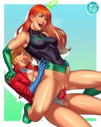 2dnsfw 2dswirl 2girls big_breasts blonde_female blonde_hair blonde_hair_female dc dc_comics dildo female female_focus female_only female_penetrated karen_starr light-skinned_female light_skin lilith_clay moaning naked naked_female nipples nipples_bulge nude nude_female omen_(dc) penetrated penetration_from_behind power_girl red_hair sex strap-on strap-on_dildo strap-on_sex superman_(series) vagina vaginal_penetration vaginal_sex