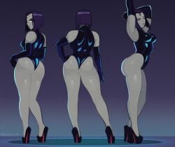 ass ass bare_legs breasts breasts clothed clothed_female dc dc_comics gray_skinned_female grey_skin grey_skinned_female heels legs leotard nsfwskully purple_hair purple_hair_female rachel_roth raven_(dc) standing teen_titans thick_thighs thighs