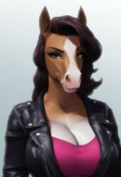 ai_generated animal_ears animal_nose anthro anthro_focus anthro_horse anthro_only cleavage draft_horse equid equine eyebrows eyeshadow female_only green_eyes horse large_breasts leather_clothes leather_jacket majorfluffy mature_female novelai pink_shirt solo solo_female solo_focus tank-top tank_top