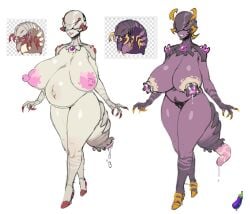 animal_humanoid anthro areola arthropod arthropod_humanoid asa_(teng_zi) asaeggplant big_breasts bodily_fluids breasts centipede duo female female/female huge_breasts humanoid insect_humanoid insects lactating myriapod nipples pink_nipples pregnant pregnant_anthro pregnant_female purple_body tail white_body